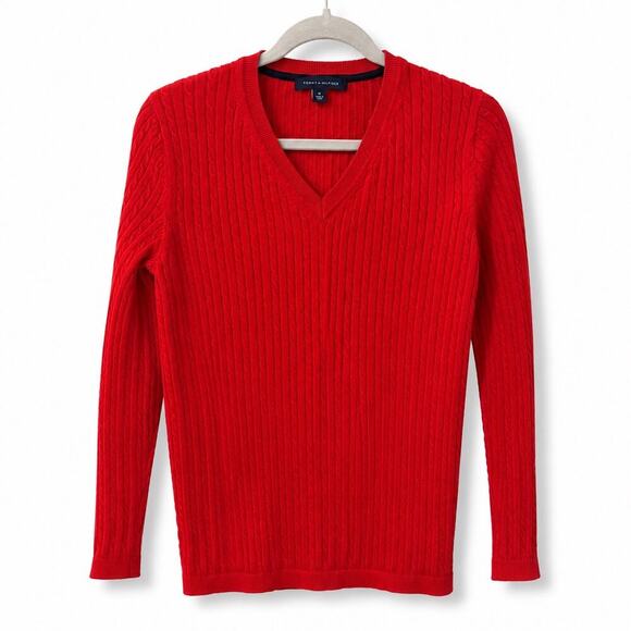 Tommy Hilfiger Sweaters - Tommy Hilfiger Red Cable Knit V-Neck Sweater Women’s Medium Classic Cotton